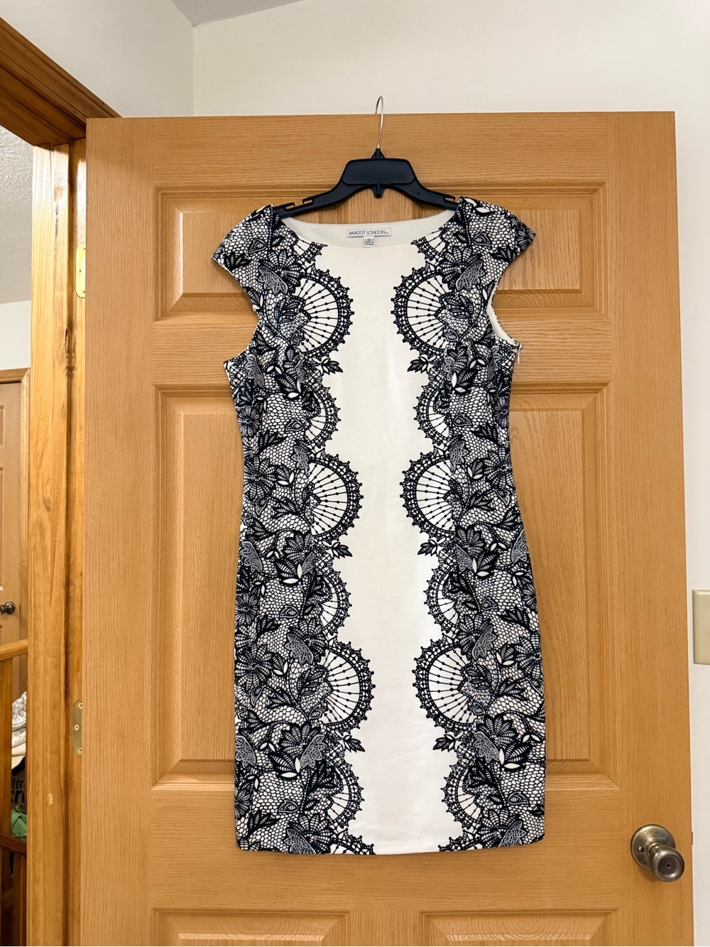 Maggy London White Sheath Dress with Black Lace-Print Panels